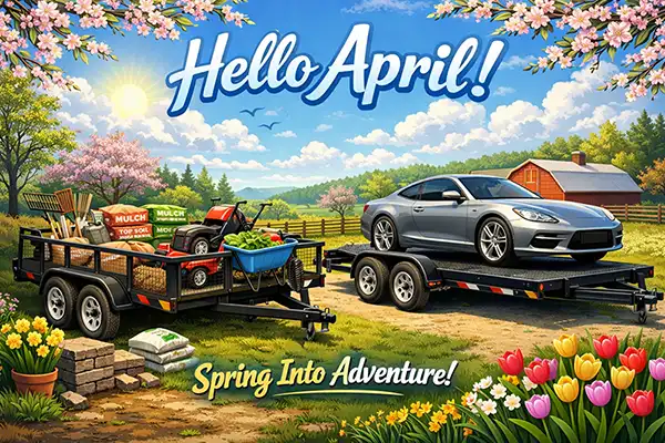 Digital illustration of a tandem axle utility trailer loaded with spring yard cleanup supplies and a tandem axle car hauler with a car, promoting April trailer rentals in Greencastle, PA