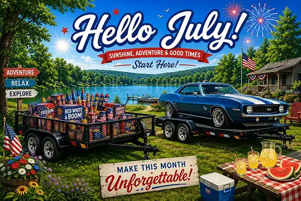 Hello July summer trailer rental scene featuring a utility trailer loaded with fireworks and a car hauler carrying a classic muscle car beside a lake in a countryside setting