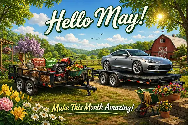 Hello May trailer rental scene with utility trailer and car hauler in Greencastle PA countryside surrounded by spring flowers and landscaping supplies