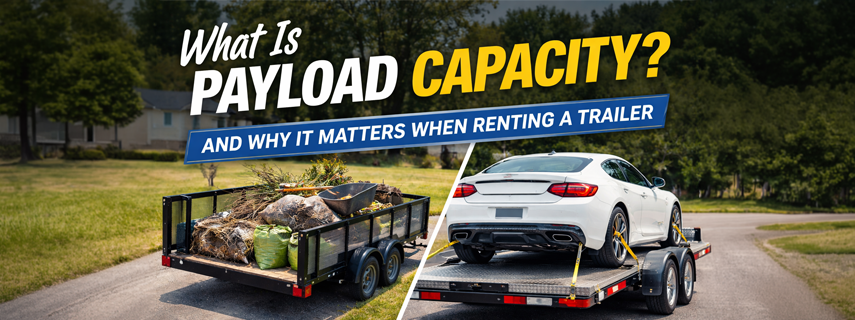 Loaded utility trailer with yard debris and car hauler carrying a strapped-down vehicle illustrating trailer payload capacity and safe loading practices