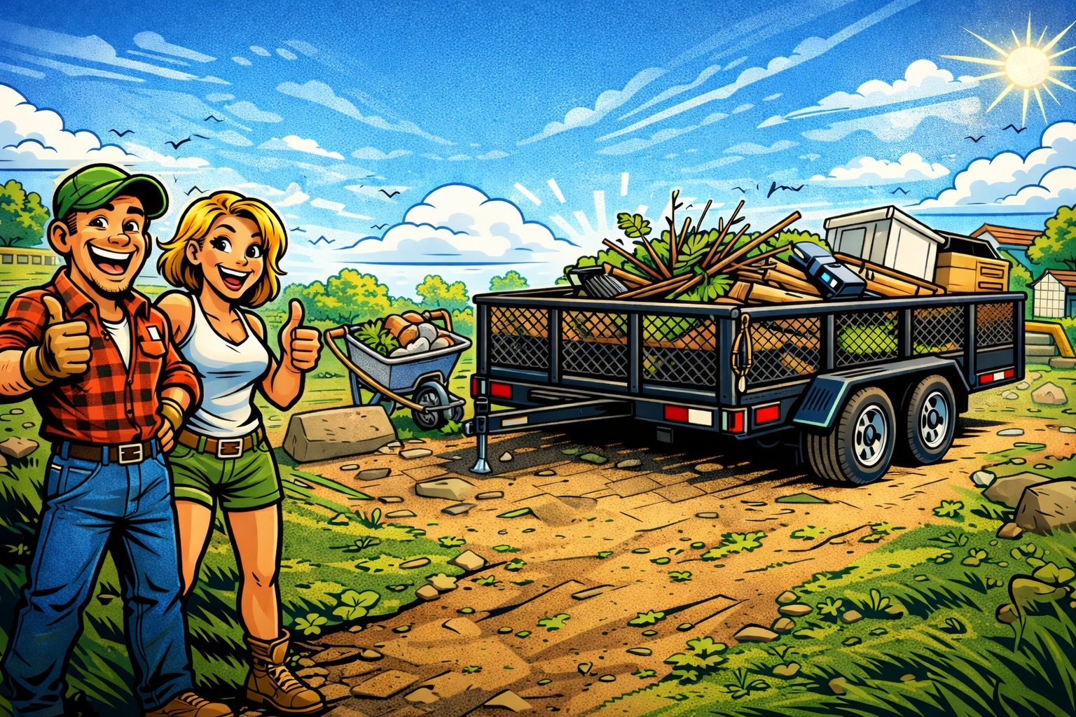 Smiling couple standing beside a tandem axle utility trailer loaded with yard debris on a sunny spring day.