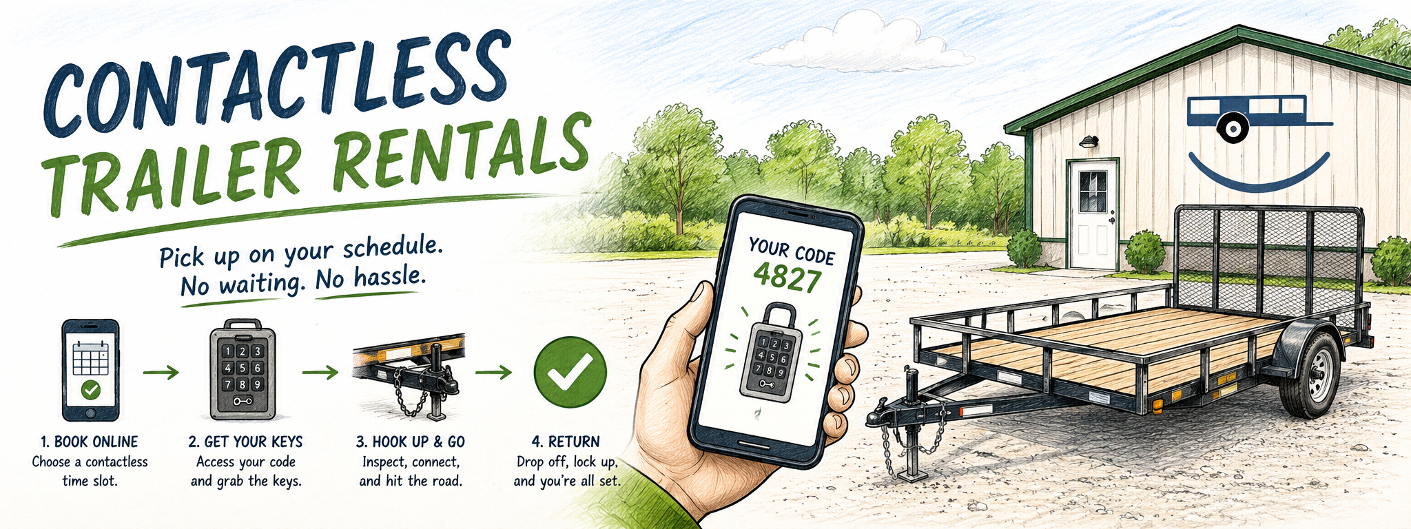 Utility trailer ready for contactless pickup at the Rich Smiles Rentals home office in Greencastle, PA