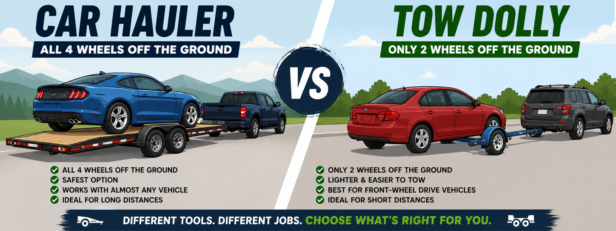 Car hauler vs tow dolly comparison showing a full car trailer carrying a vehicle with all four wheels off the ground and a tow dolly lifting only the front wheels of a car while the rear wheels remain on the road