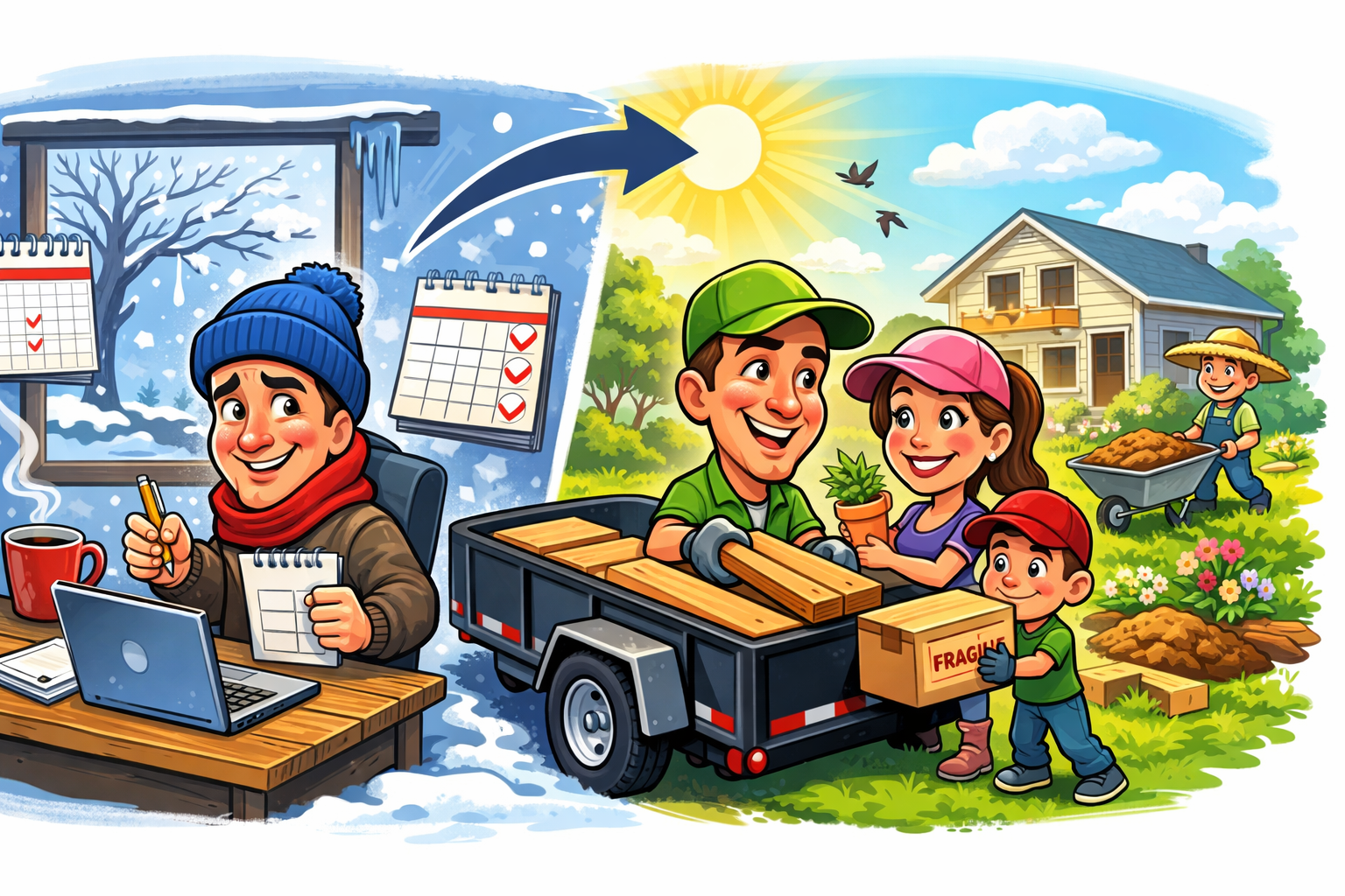 Caricature-style illustration of winter planning turning into spring home improvement projects, with a family loading a utility trailer in Franklin County PA for landscaping and cleanout work