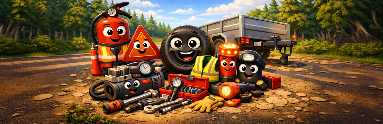 Illustration showing a utility trailer and roadside safety equipment used for towing in Pennsylvania and Maryland, highlighting trailer towing laws and safe hauling in Franklin County PA and Washington County MD.