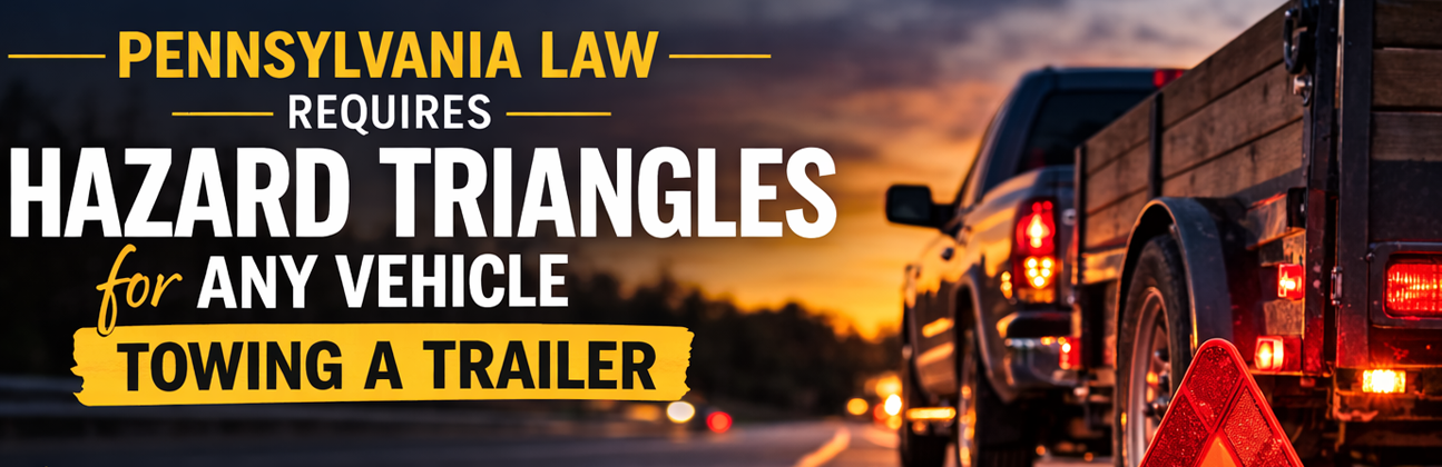 Pickup truck towing a utility trailer stopped on the roadside at dusk with reflective hazard triangle and LED road flares placed behind it for safety, illustrating emergency visibility equipment recommended when towing a trailer in Pennsylvania.