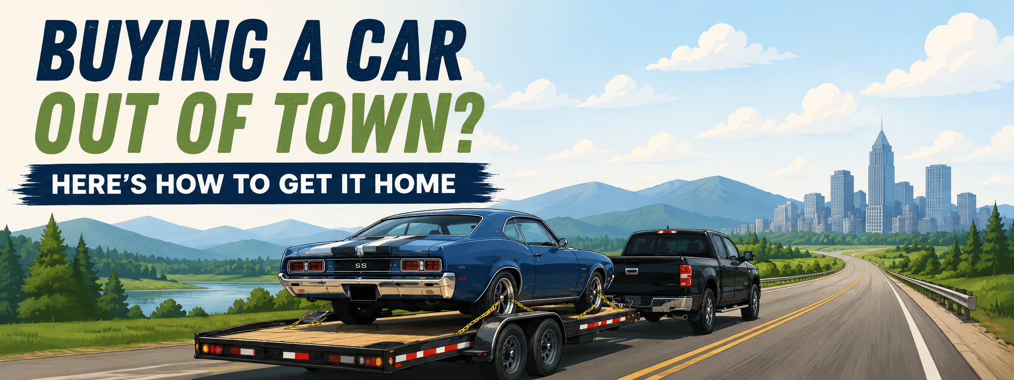 Pickup truck towing a classic car on a car hauler with text about getting an out-of-town vehicle home