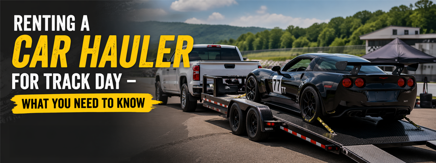 Race car on car hauler trailer at racetrack behind pickup truck, illustrating track day trailer rental and car transport near Greencastle PA