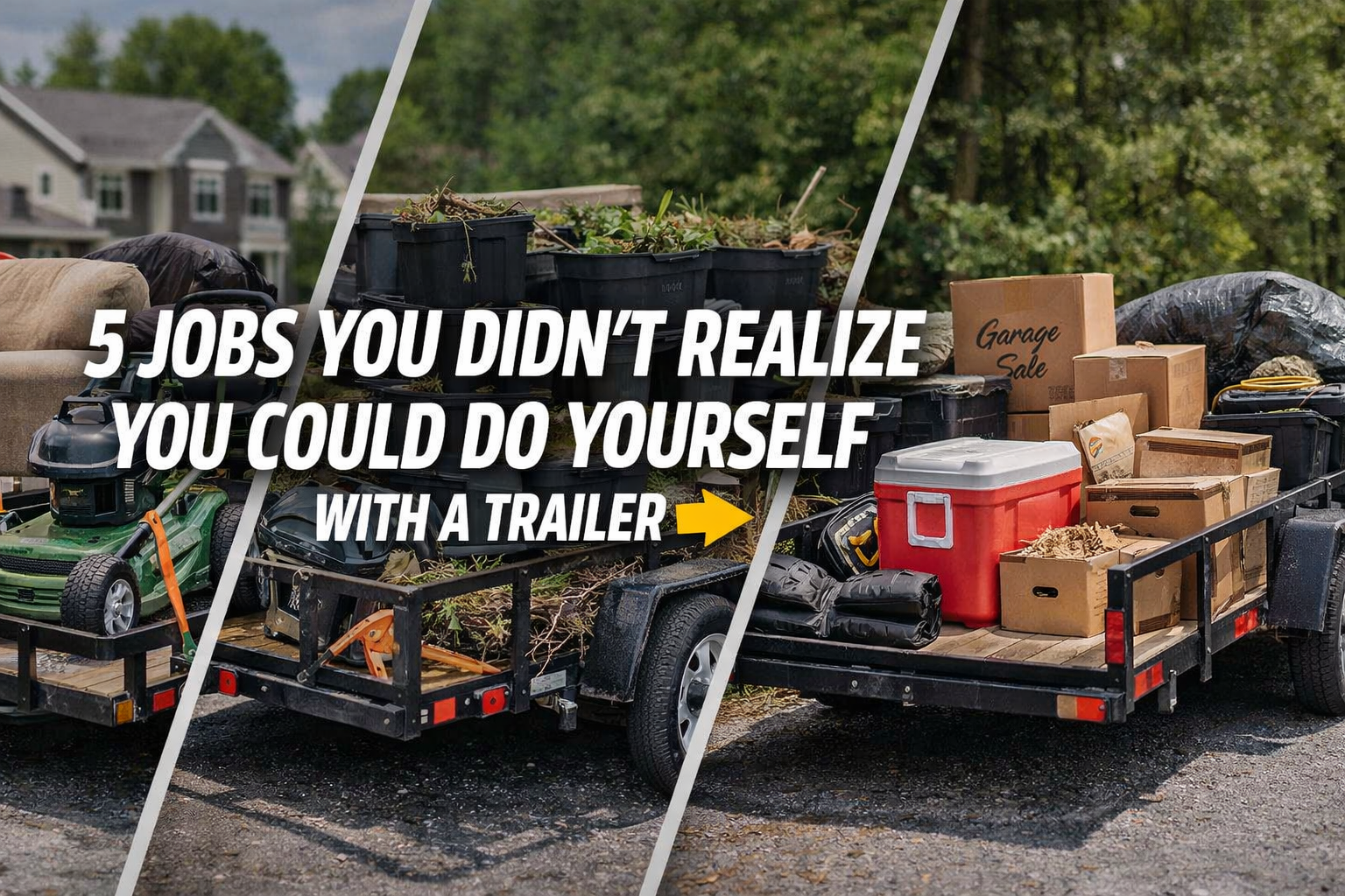 Utility trailer loaded with furniture, yard debris, and boxes showing different DIY hauling jobs like moving, cleanup, and equipment transport